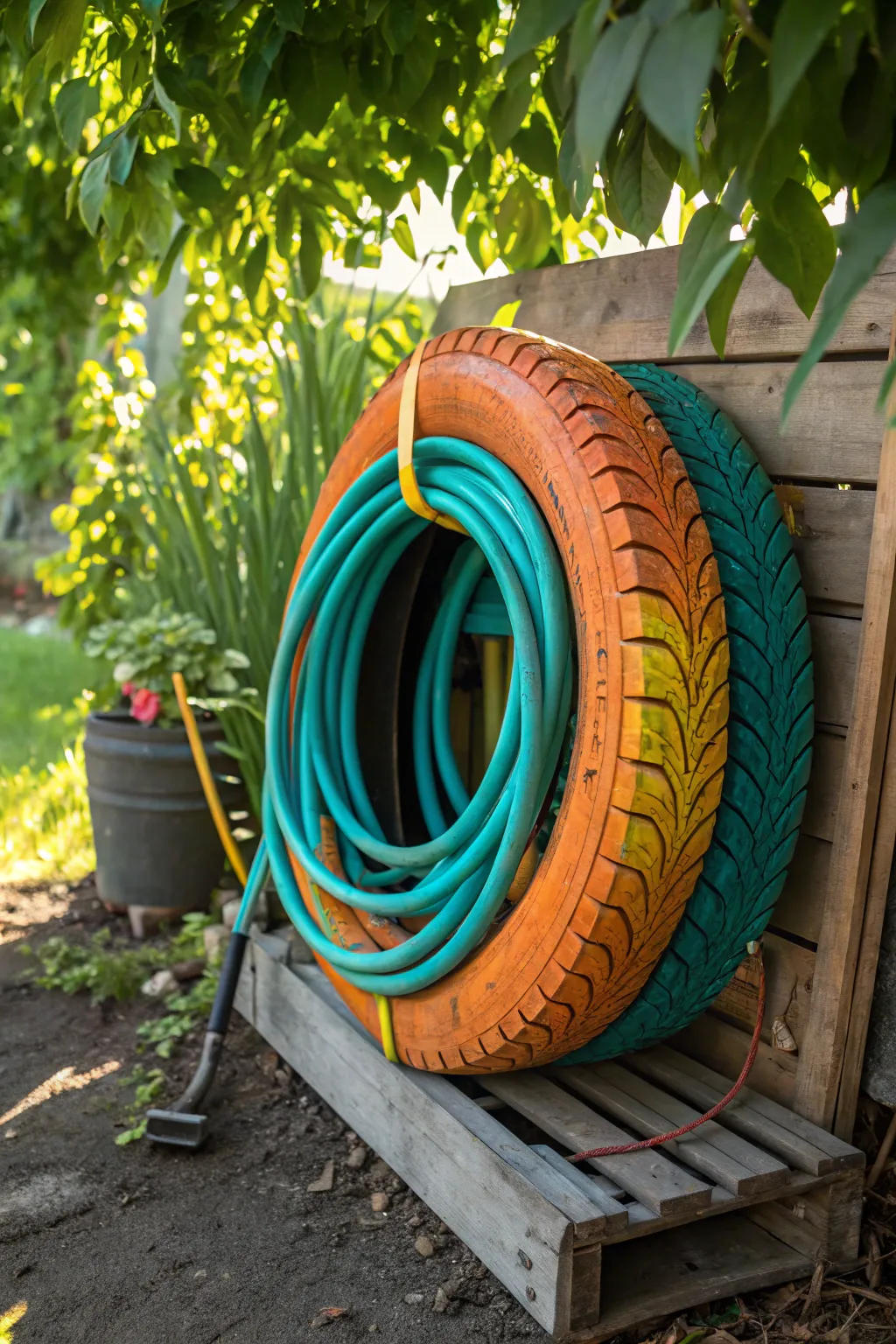 Transform your garden with this vibrant upcycled tire hose holder—where creativity meets functionality!