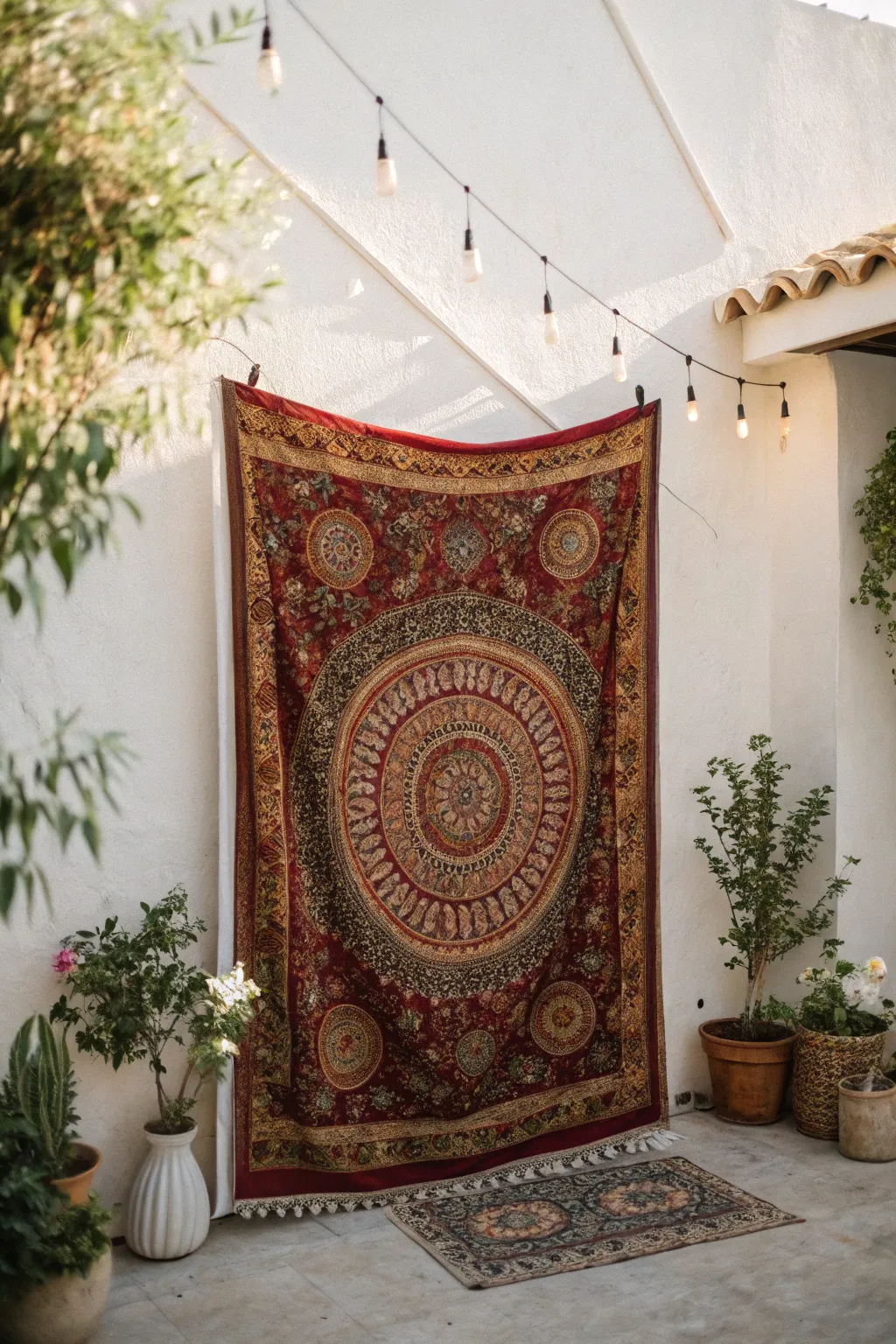 Elegance meets boho charm with this vintage tapestry wedding backdrop, perfect for a touch of timeless beauty.