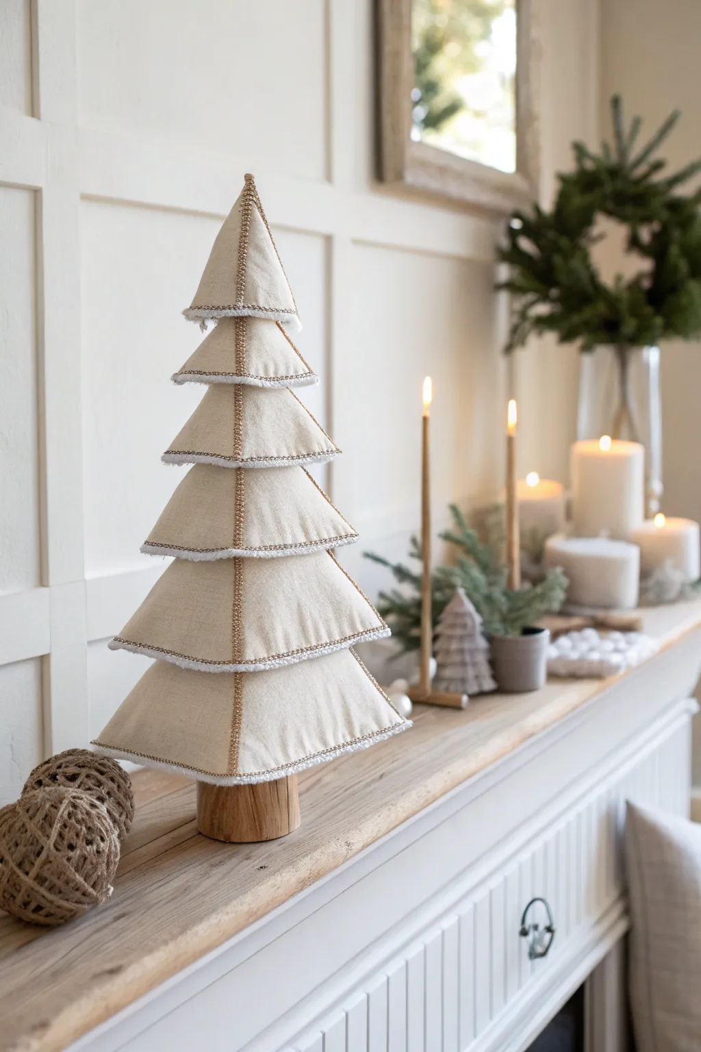Transform fabric scraps into chic minimalist trees for a serene winter wonderland vibe.