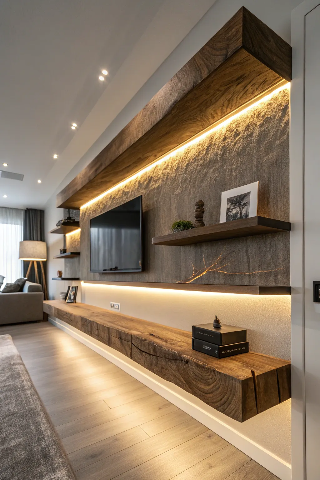 Illuminate your space with these modern wood slab floating shelves, designed for both style and function.