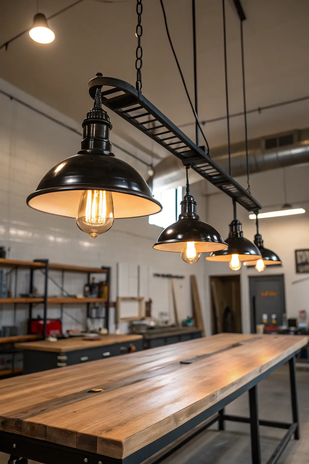 Illuminate your workshop with style: Discover the perfect blend of form and function with this adjustable overhead lighting solution.