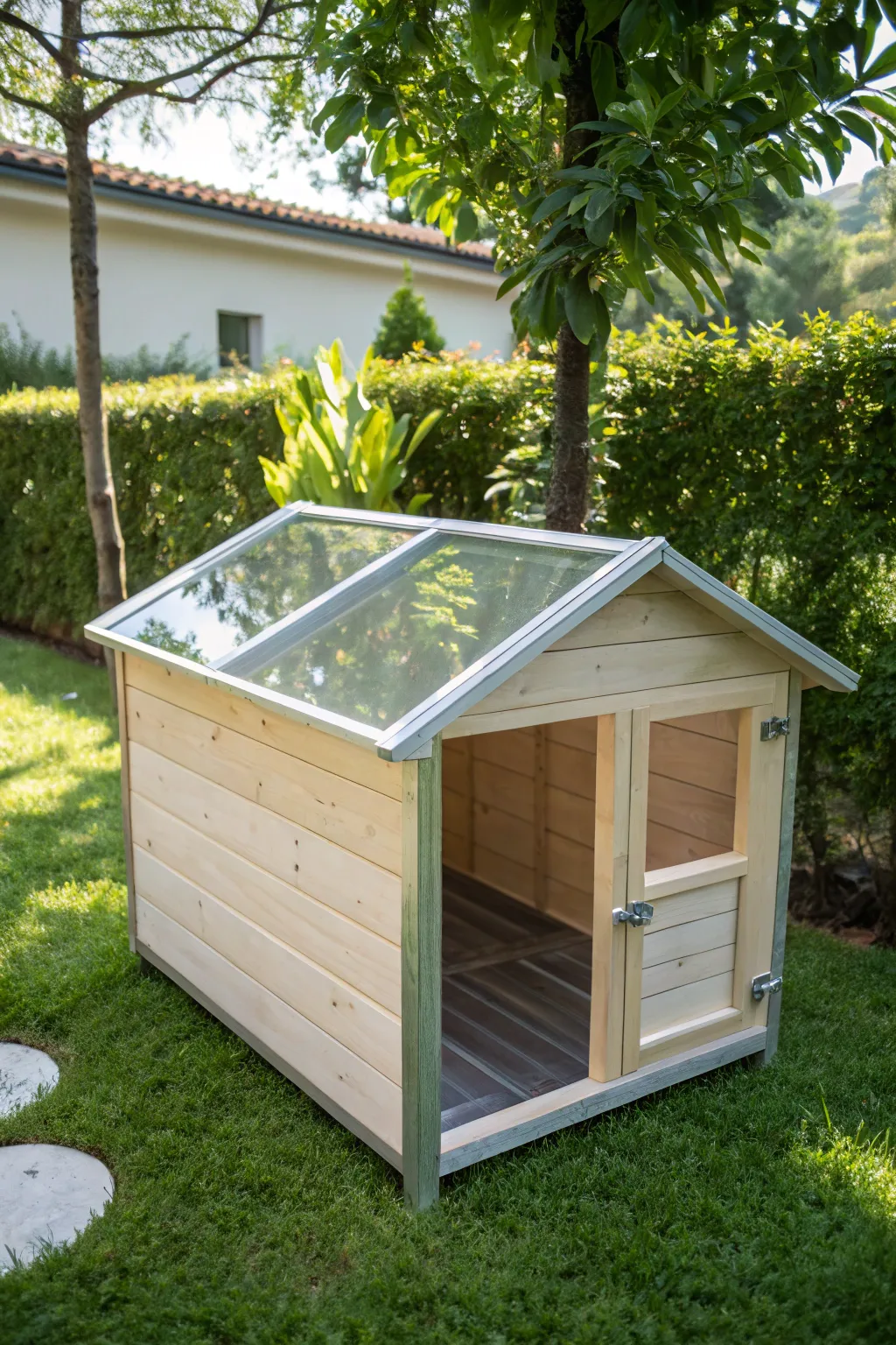 Brighten your dog's day with a modern, light-filled dog house roofed with clear polycarbonate sheets.