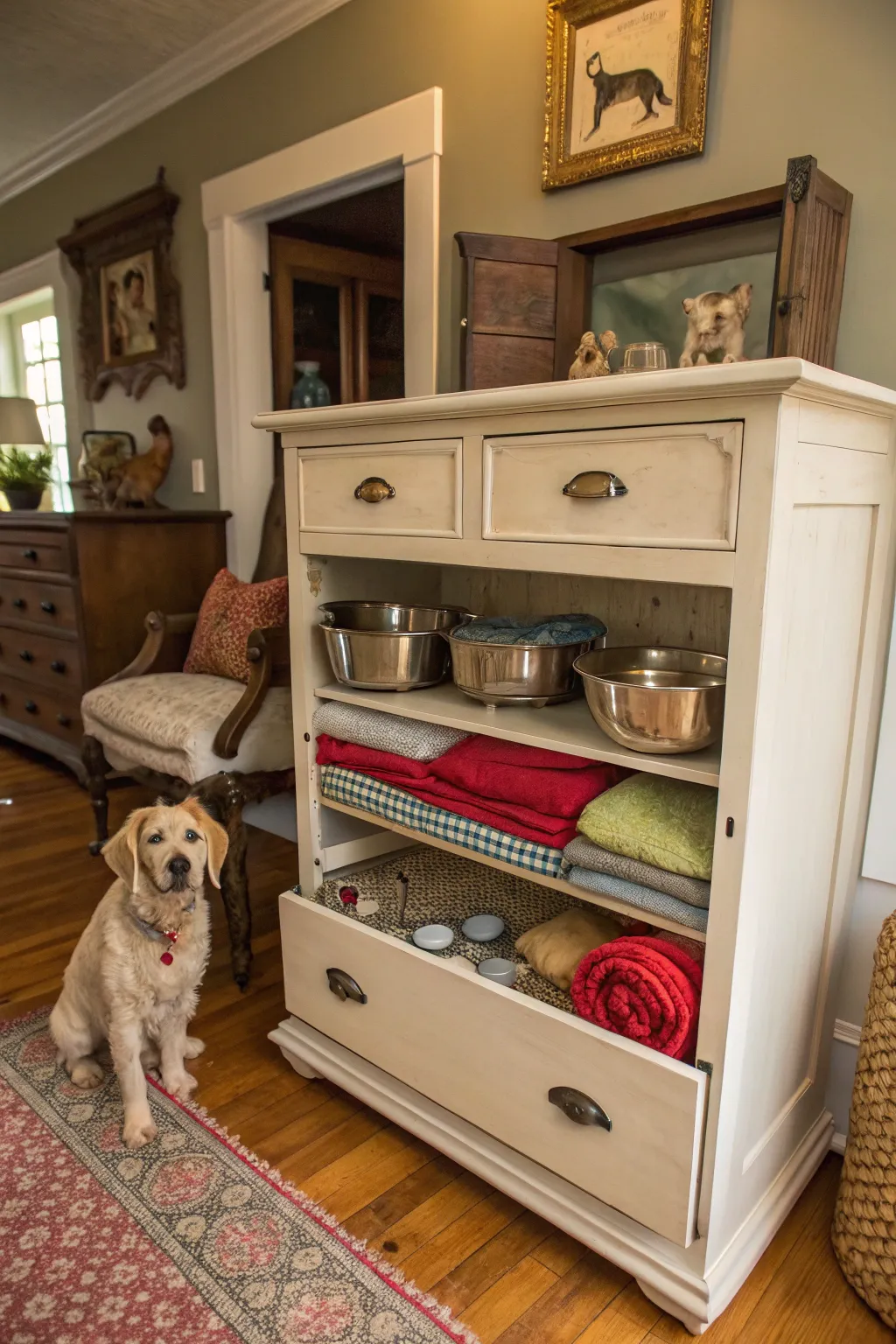 An upcycled dresser transformed into a functional dog station, blending vintage charm with practicality.