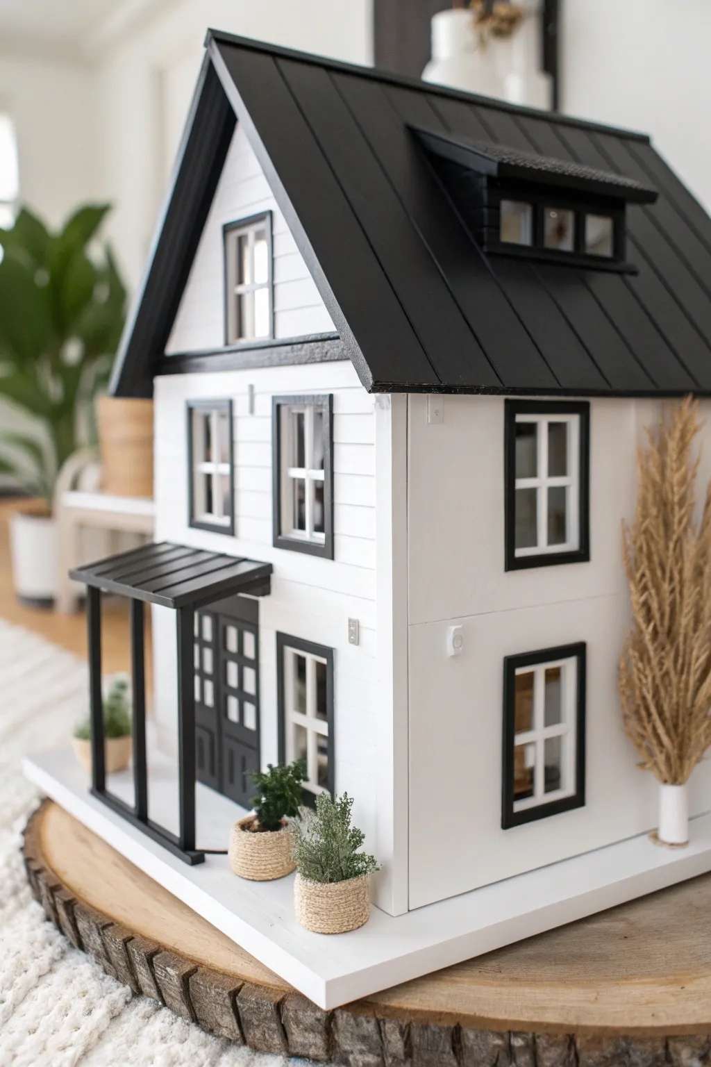 Elevate your dollhouse with a chic modern monochrome palette for a touch of sophistication and style.