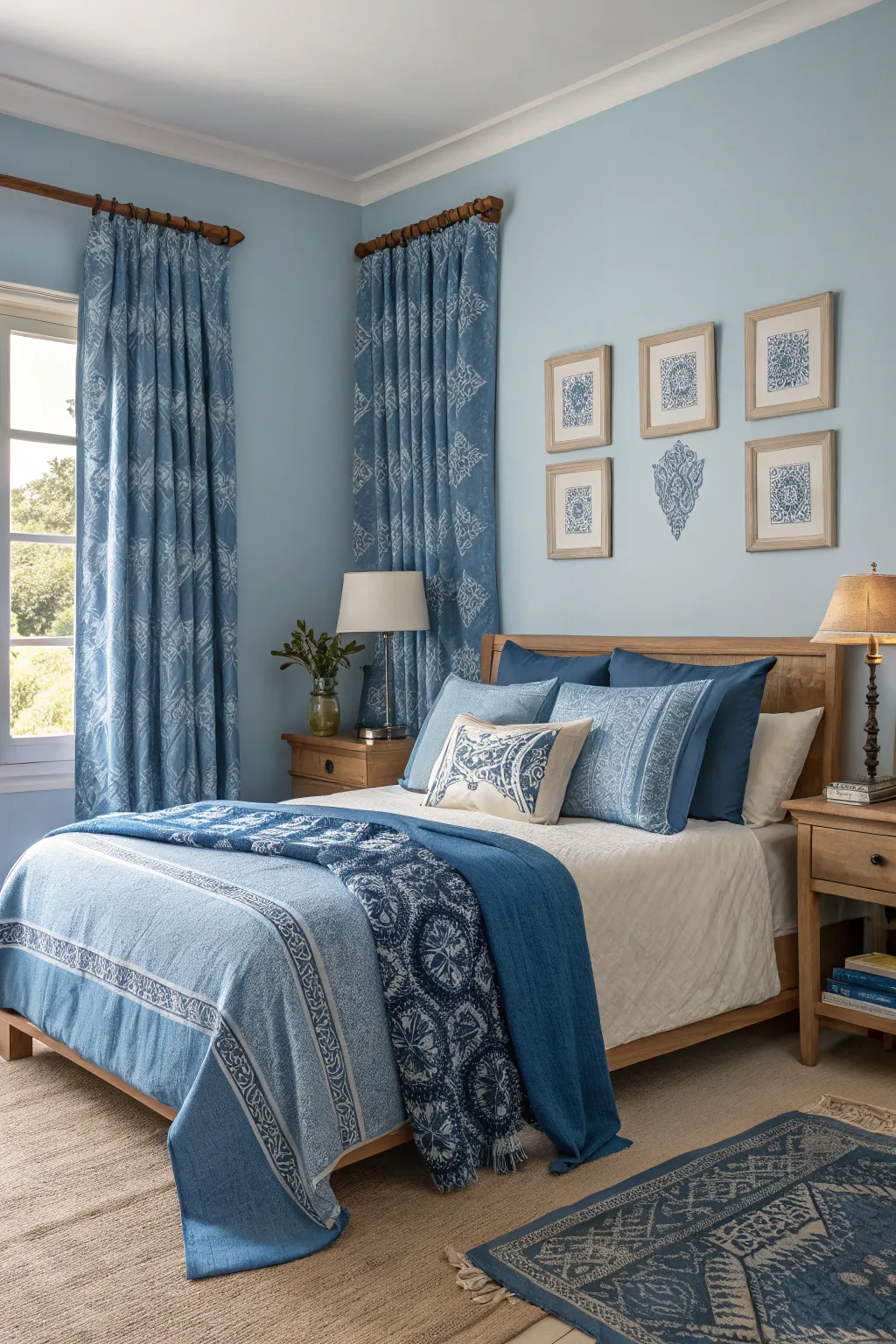 Blue accents in decor and textiles create a calming atmosphere in the bedroom.