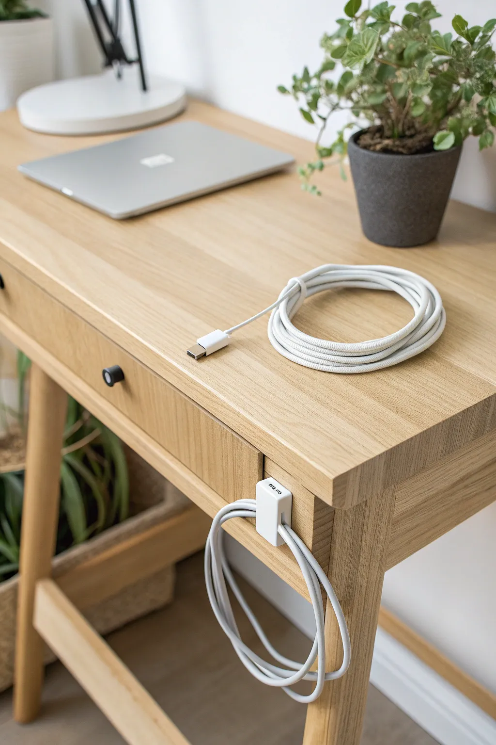 Transform your dorm desk with minimalist charm: Command hooks for a tangle-free life.
