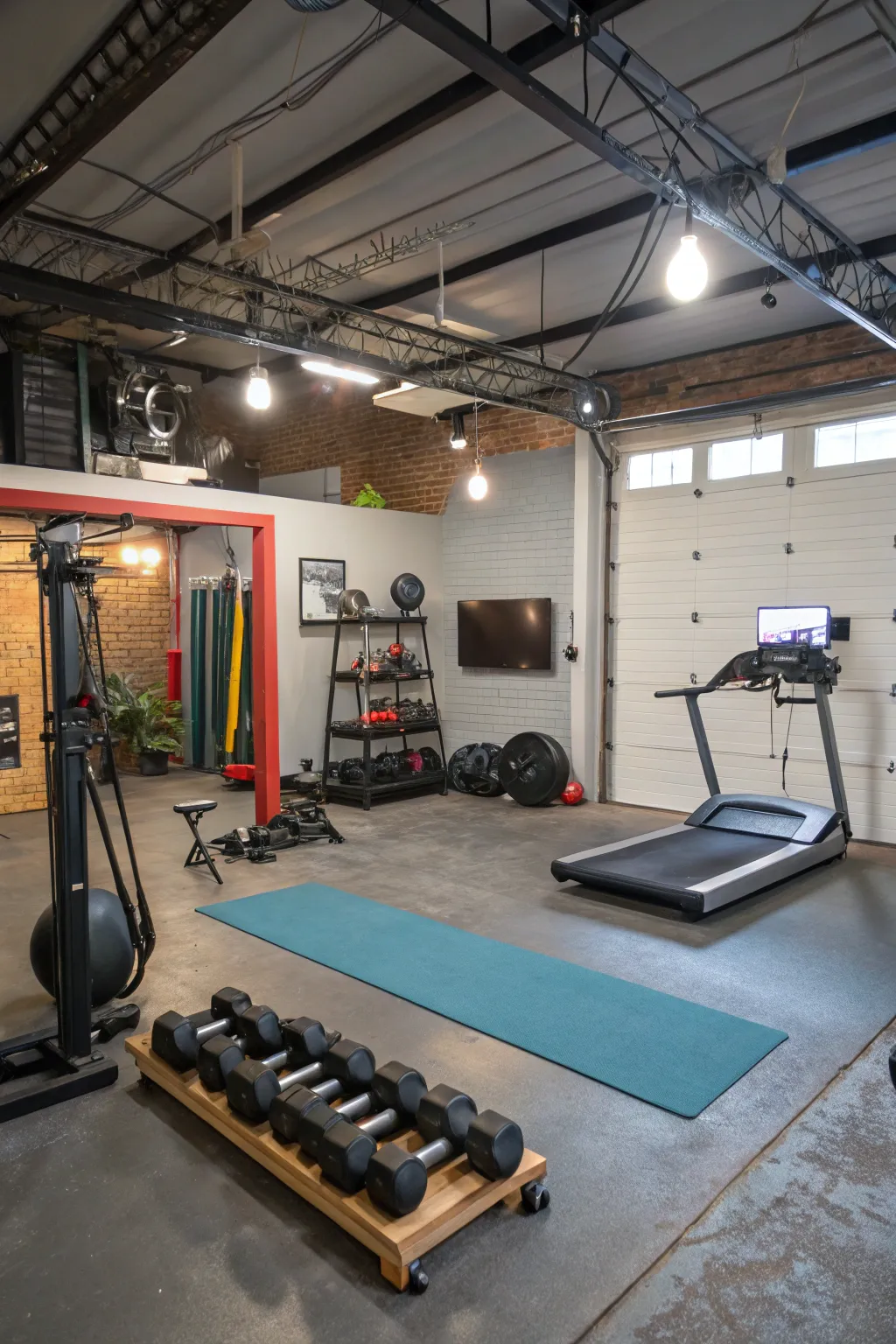 A converted garage featuring a home gym or studio setup.