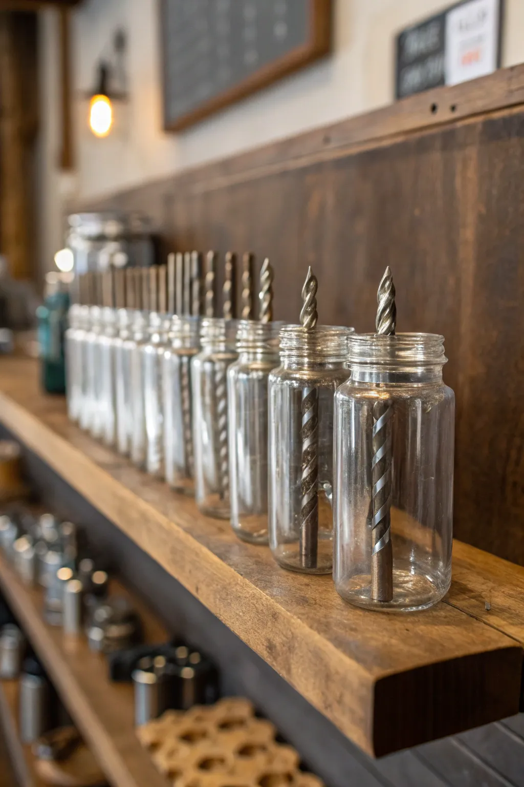 Transform your workspace with a touch of elegance using glass jar storage for your drill bits.
