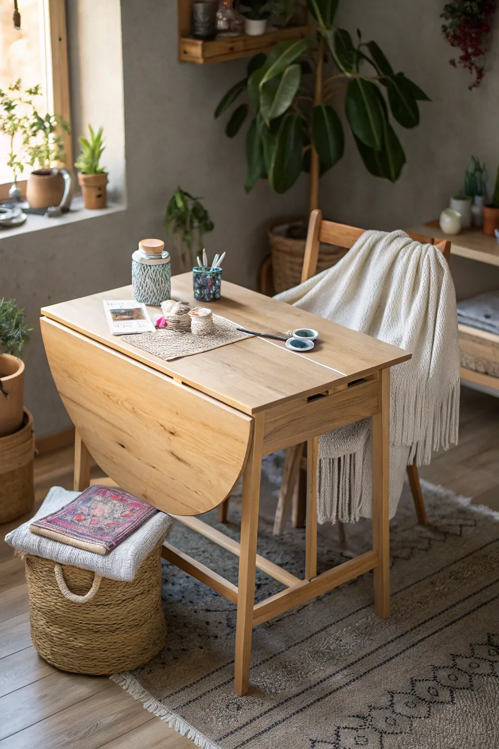 Elevate your crafting space with a drop leaf table that blends simplicity and elegance. #CraftingCorner #ScandiBoho