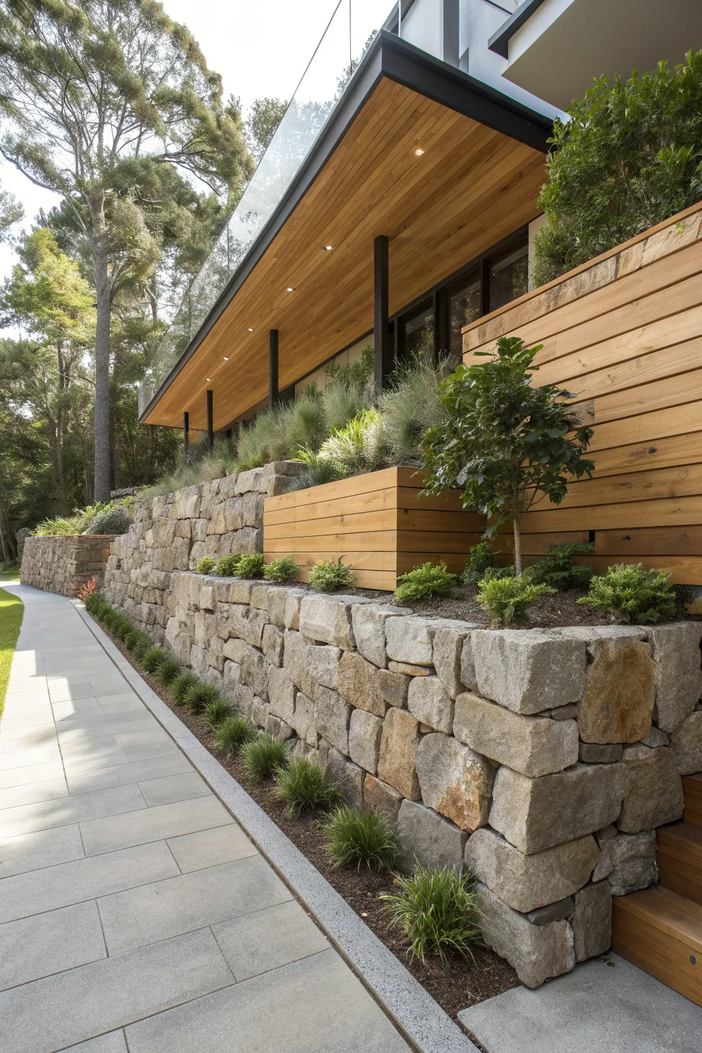 Elevate your outdoor space with a blend of rugged stone and warm wood.
