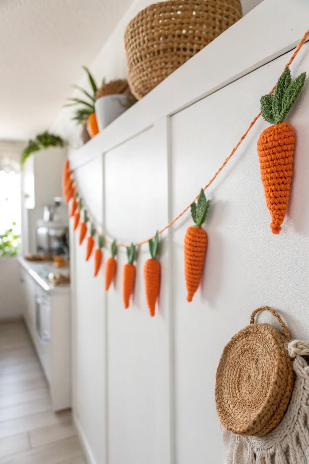 Add a touch of whimsy to your Easter decor with a charming carrot garland that radiates simplicity and natural beauty.