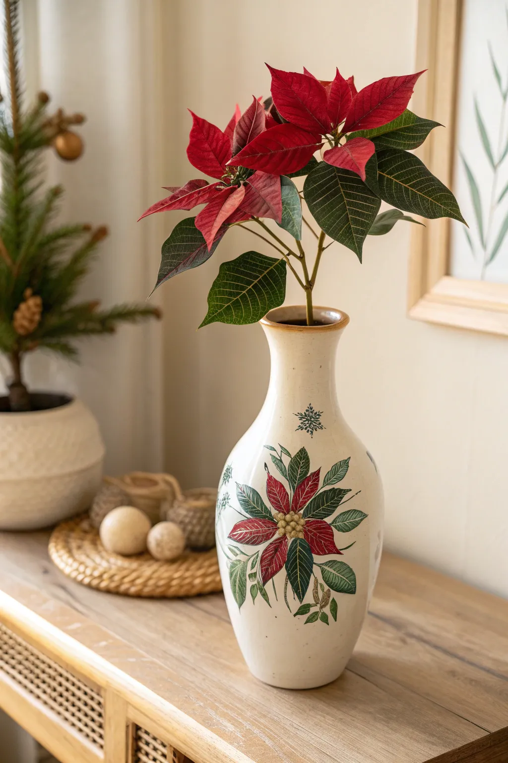 Embrace the season with a touch of artistry: a vibrant poinsettia in a minimalist vase, perfect for your holiday decor.