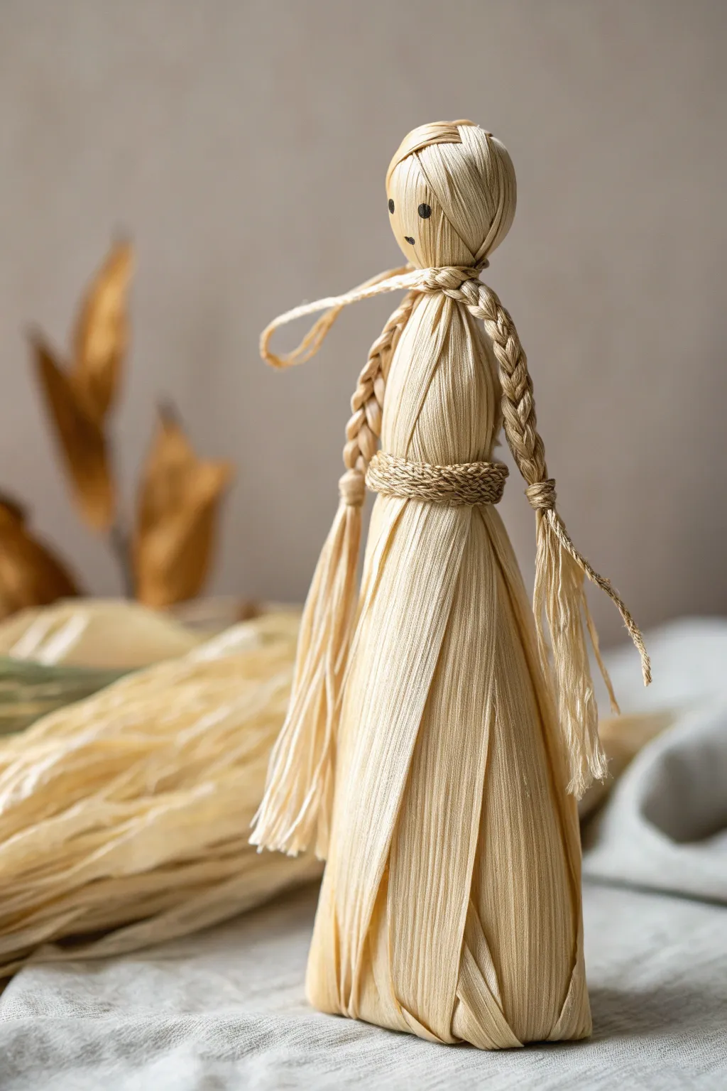 Embrace fall's charm with the simple elegance of a handcrafted corn husk doll.