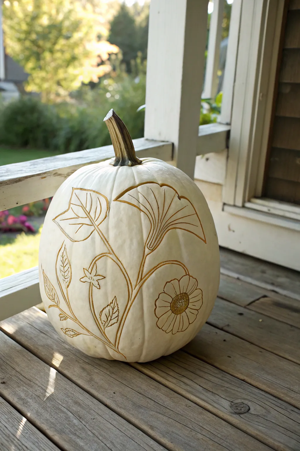 Embrace the elegance of nature with a morning glory-inspired pumpkin carving, perfect for adding a touch of minimalist charm to your porch.