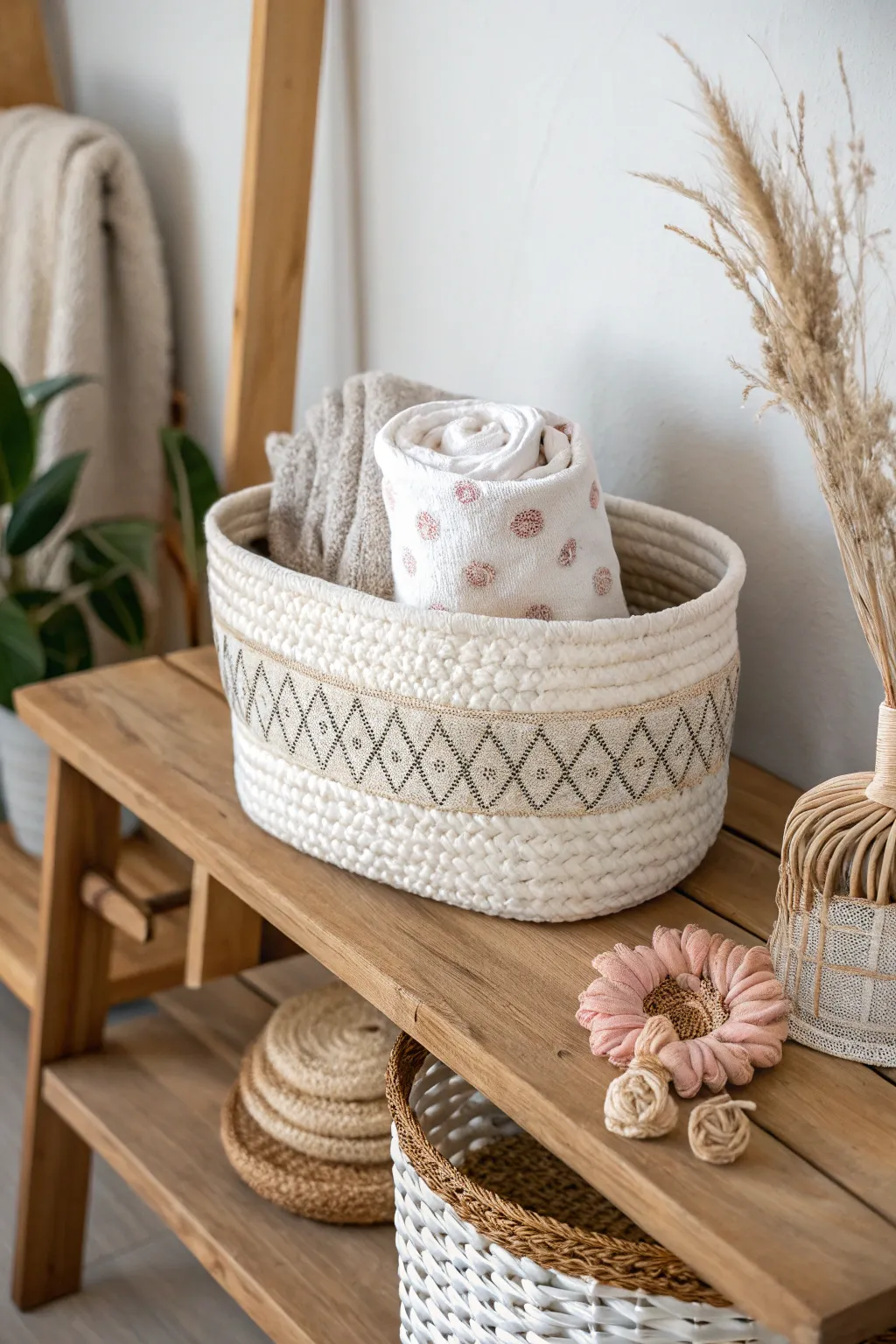 Add a touch of elegance and organization to your space with these charming fabric baskets.