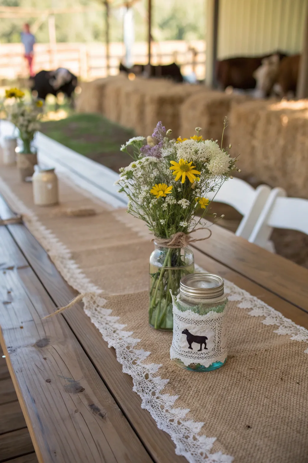 Create a cozy, charming vibe with this Rustic Barnyard Bash centerpiece. Perfect for an effortless, laid-back evening.