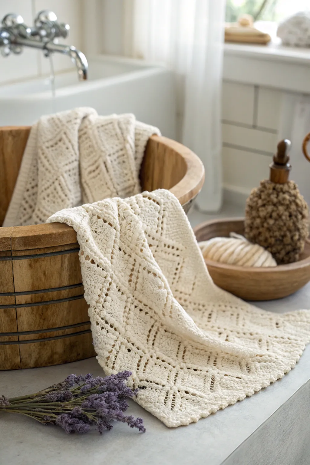 Elevate your bathroom decor with these luxurious, handcrafted textured washcloths. Perfect for a touch of elegance and simplicity.