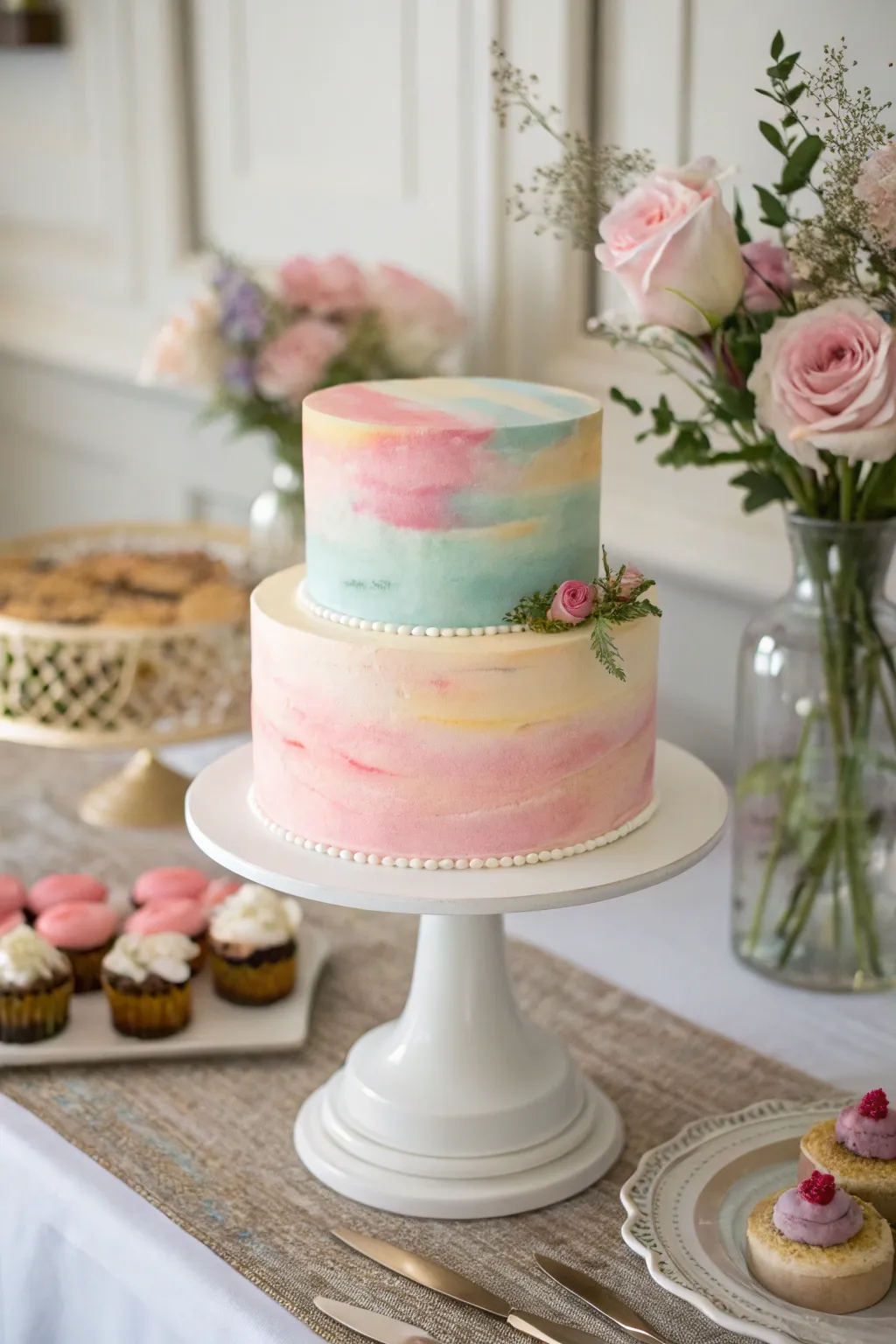 A watercolor cake with artistic buttercream blending for a unique look.