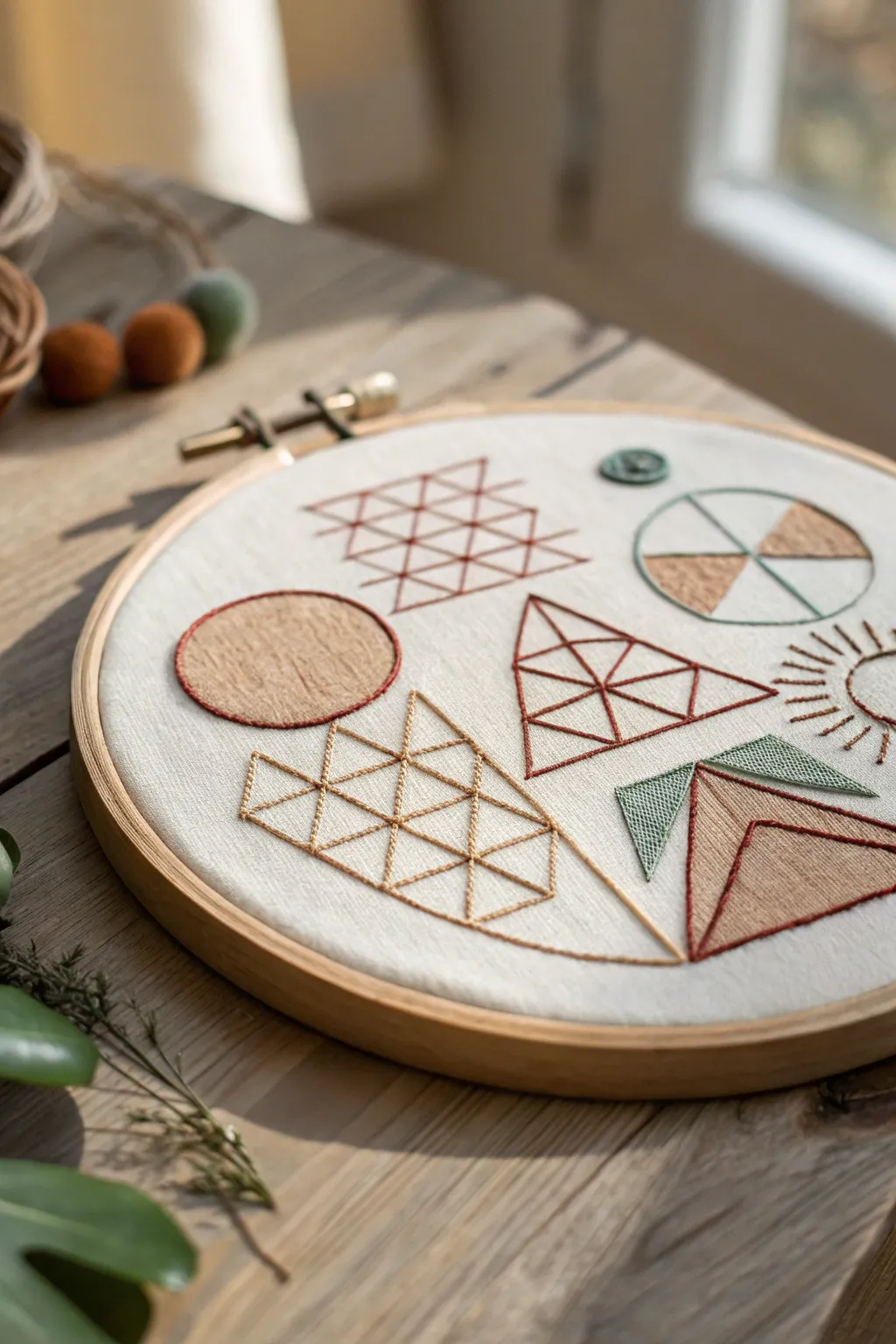 Modern elegance meets handcrafted beauty: A geometric embroidery masterpiece.