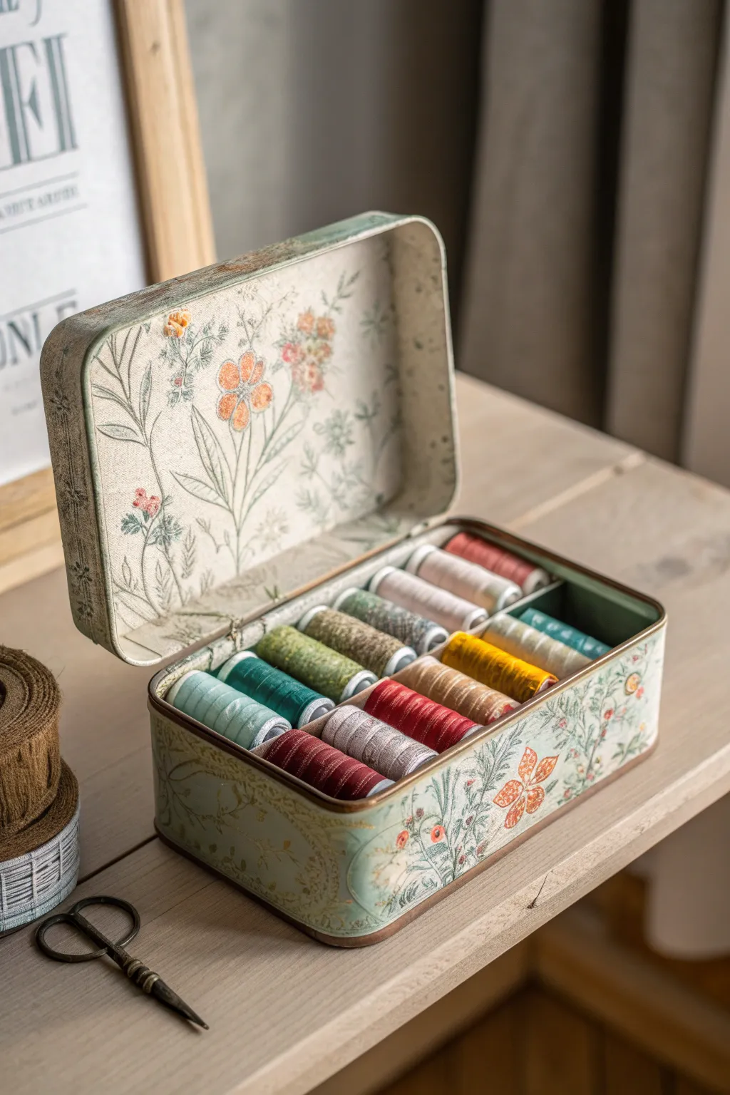 Transform your craft space with vintage charm: Repurposed tins for a touch of boho elegance.