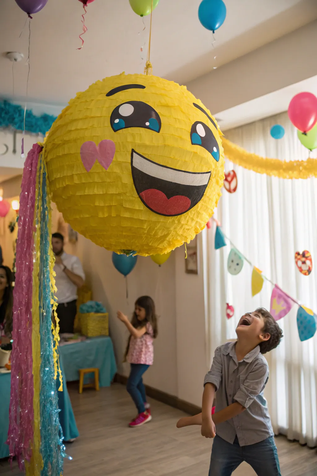A giant emoji pinata promises fun and surprises for all.