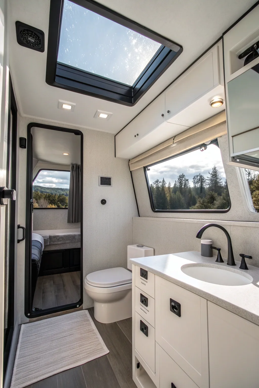 Bathe in natural brilliance with skylights and vents that redefine trailer bathroom aesthetics.