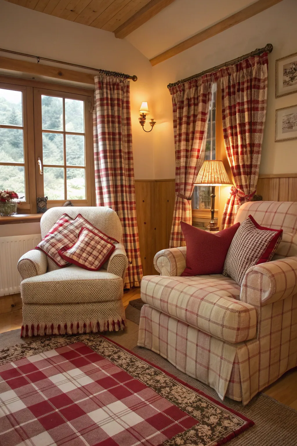 Plaid and gingham evoke a rustic, cozy atmosphere.