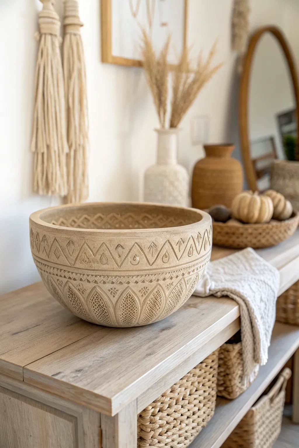 Embrace the elegance of simplicity with this textured clay bowl, a perfect blend of artistry and functionality for your entryway.