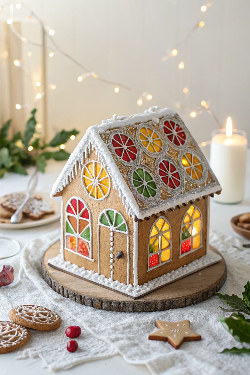 Illuminate your holiday decor with a gingerbread house masterpiece, featuring mesmerizing sugar-stained glass windows.