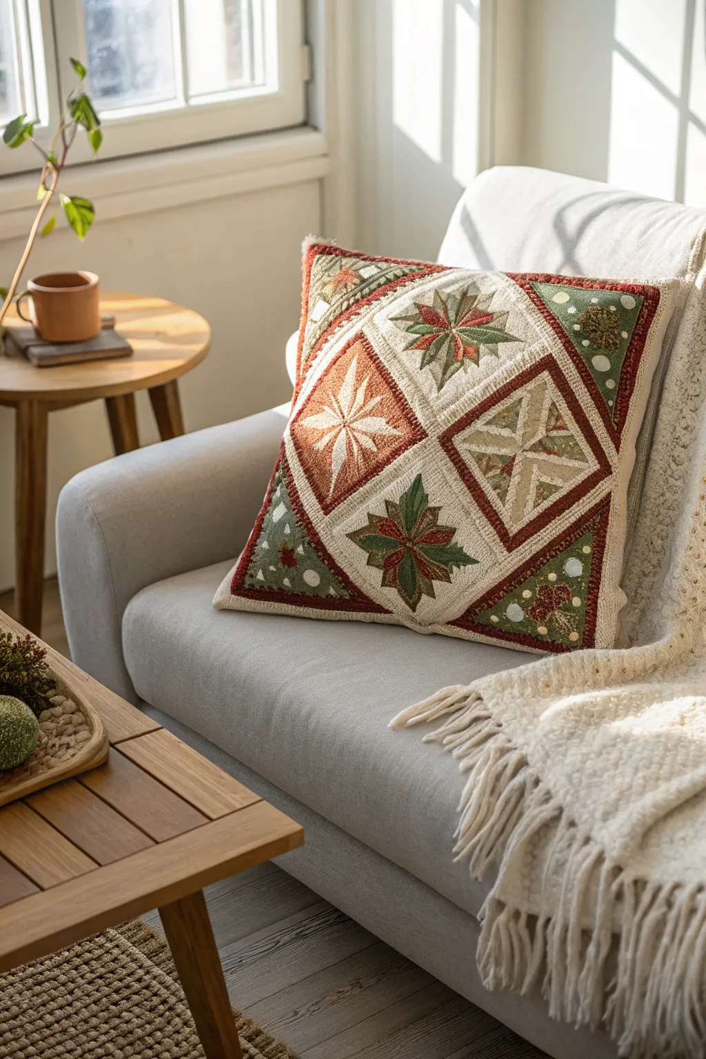 Cozy up your space with this handcrafted quilted holiday cushion, perfect for adding a touch of warmth and style to any room.