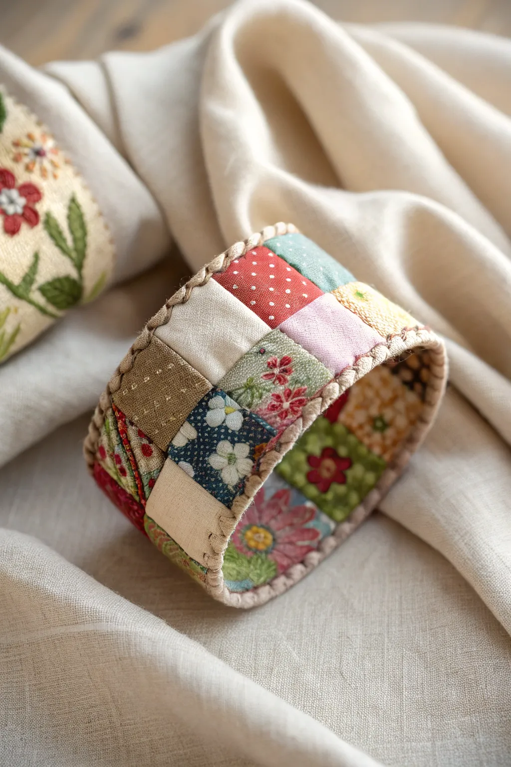 Elevate your style with a handcrafted patchwork fabric cuff, where every square tells a story of color and creativity!