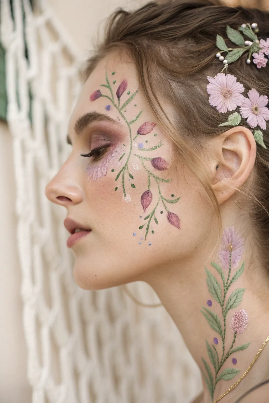 Embrace the art of asymmetry with delicate floral face paint that exudes bold elegance and natural beauty.