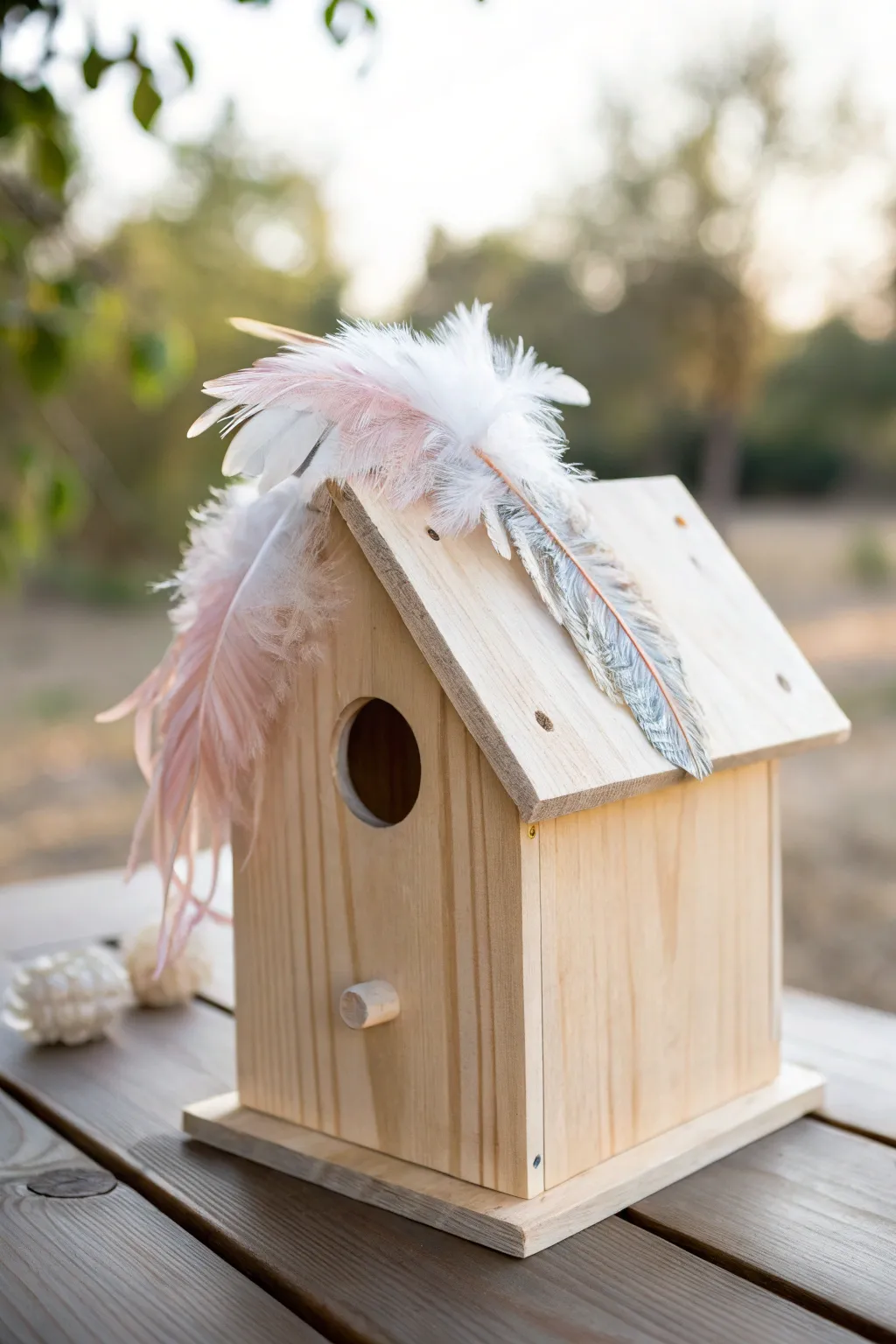 A touch of magic for your garden: this feathered roof birdhouse blends simplicity with whimsy.