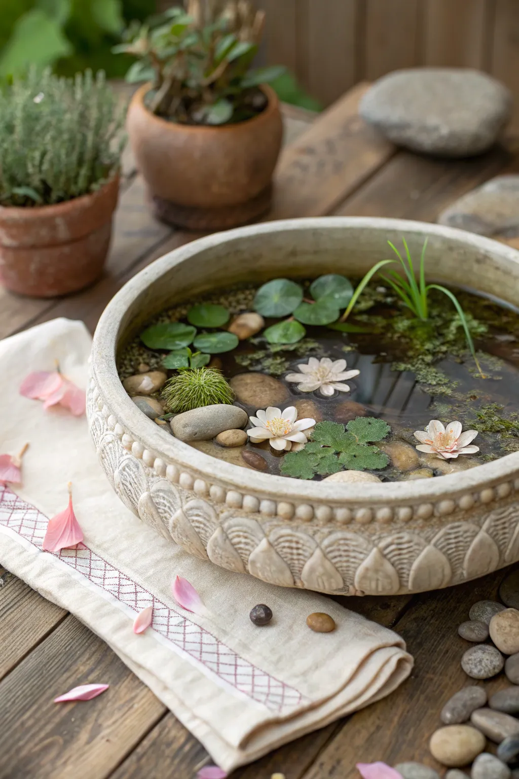 Transform your garden with a touch of whimsical elegance using a vintage ceramic dish as your miniature pond.