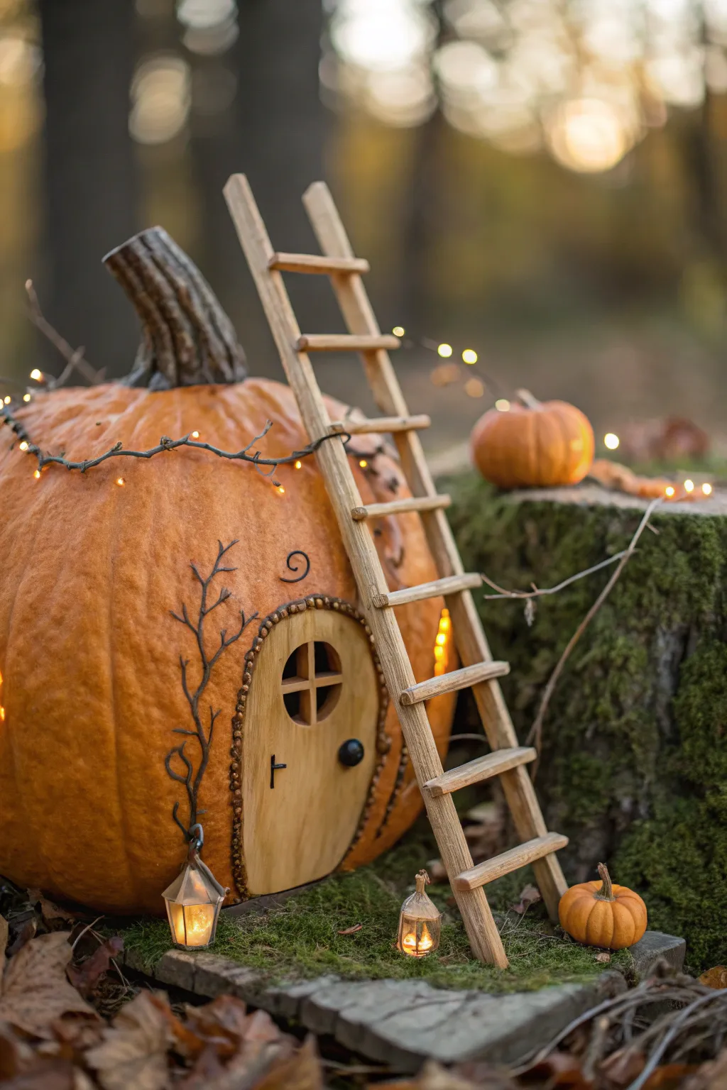 Invite whimsy into your autumn decor with this enchanting twig ladder leading to a magical pumpkin fairy house.