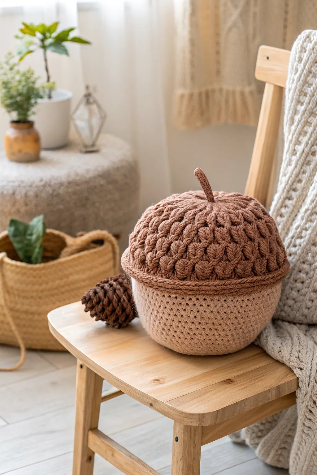 Embrace the cozy elegance of fall with this charming crochet acorn pillow, a perfect blend of craftsmanship and minimalist style.