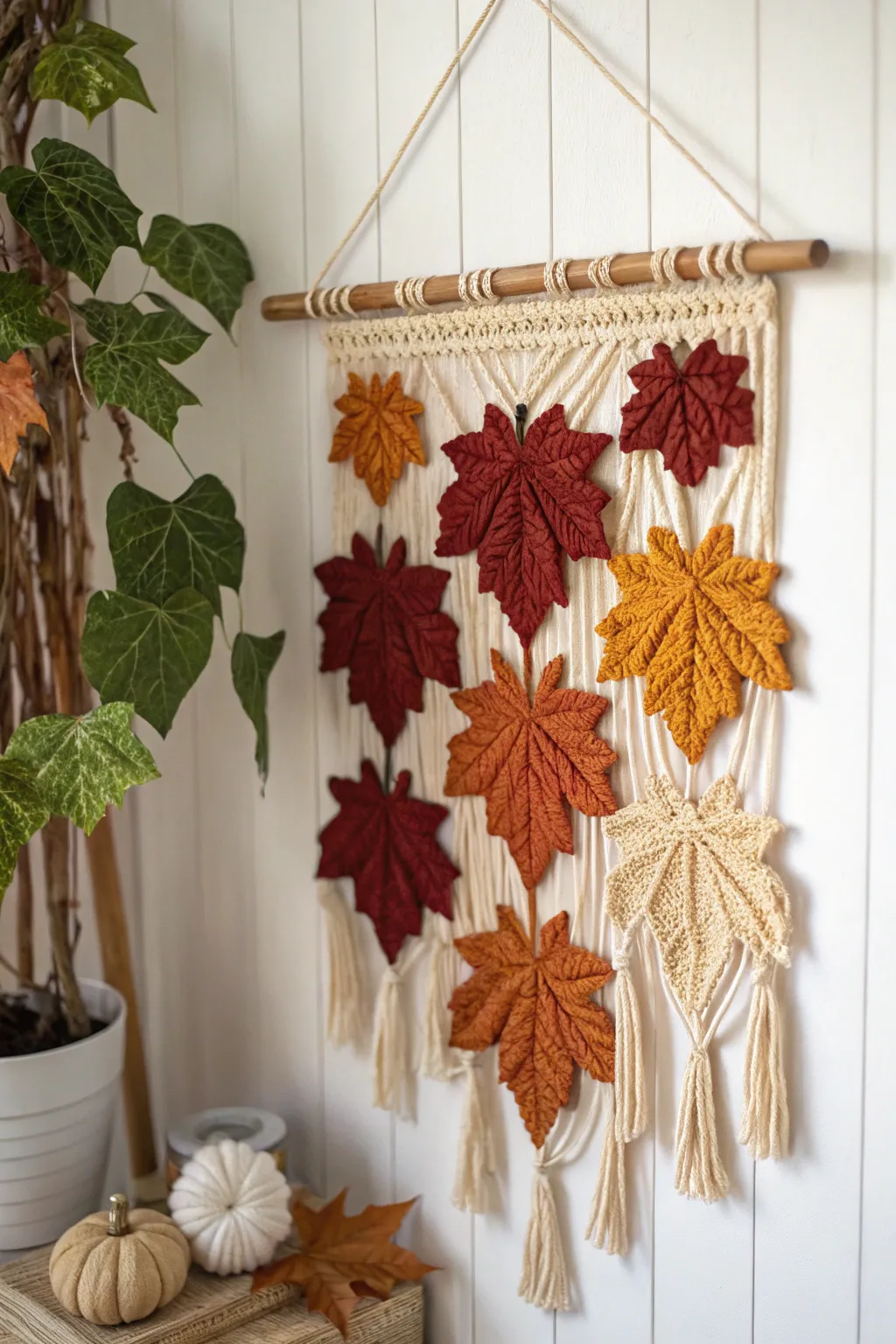 Bring the essence of fall indoors with this stunning maple leaf crochet wall hanging.