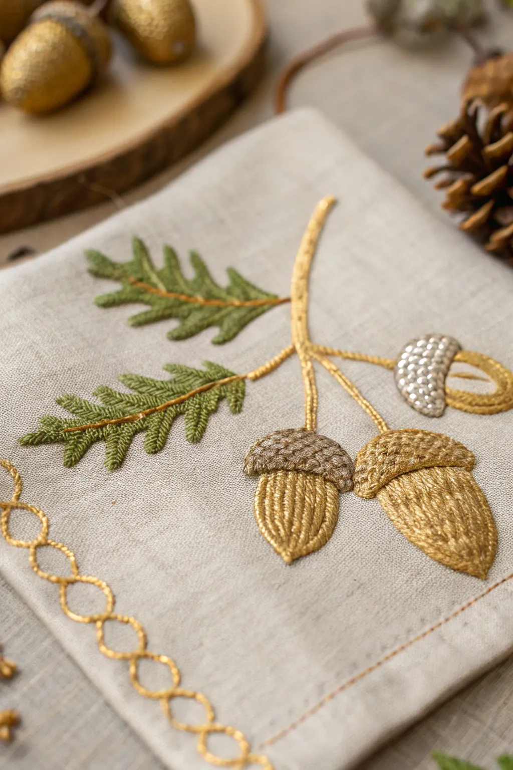 Embrace the golden hues of fall with these beautifully embroidered acorns, perfect for adding a touch of shimmer to your cozy autumn decor.