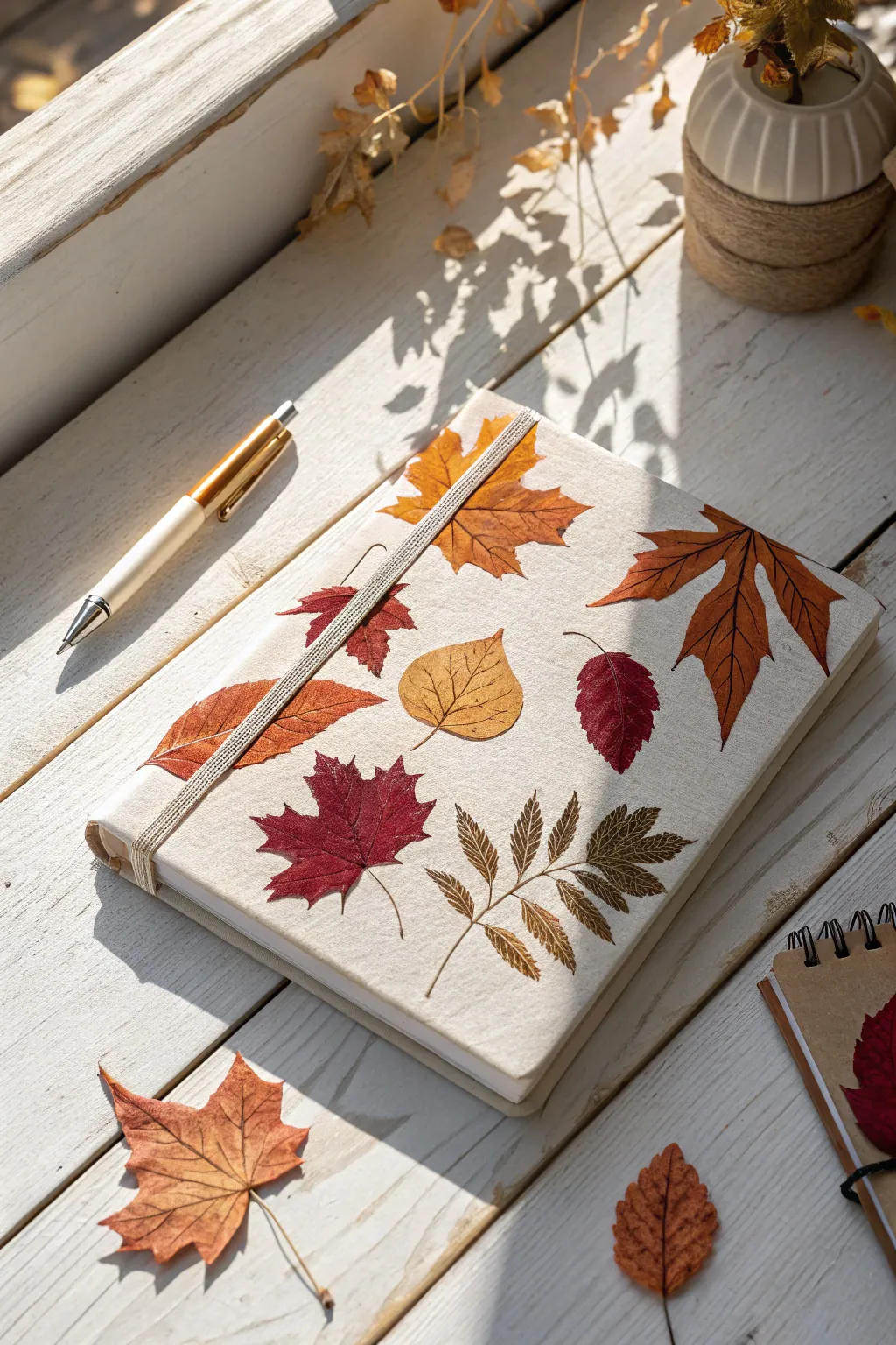 Capture the essence of autumn with a handcrafted leaf-covered notebook, perfect for your creative journey.