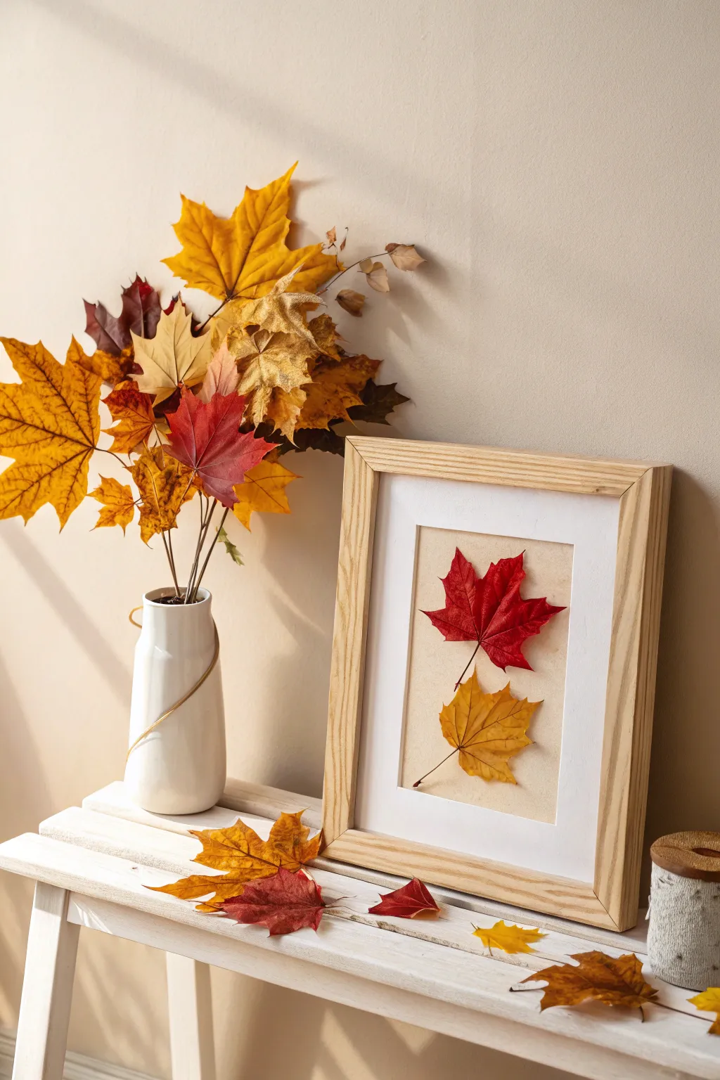Capture the essence of autumn with a handcrafted leaf-covered picture frame, a perfect blend of nature and minimalist design.