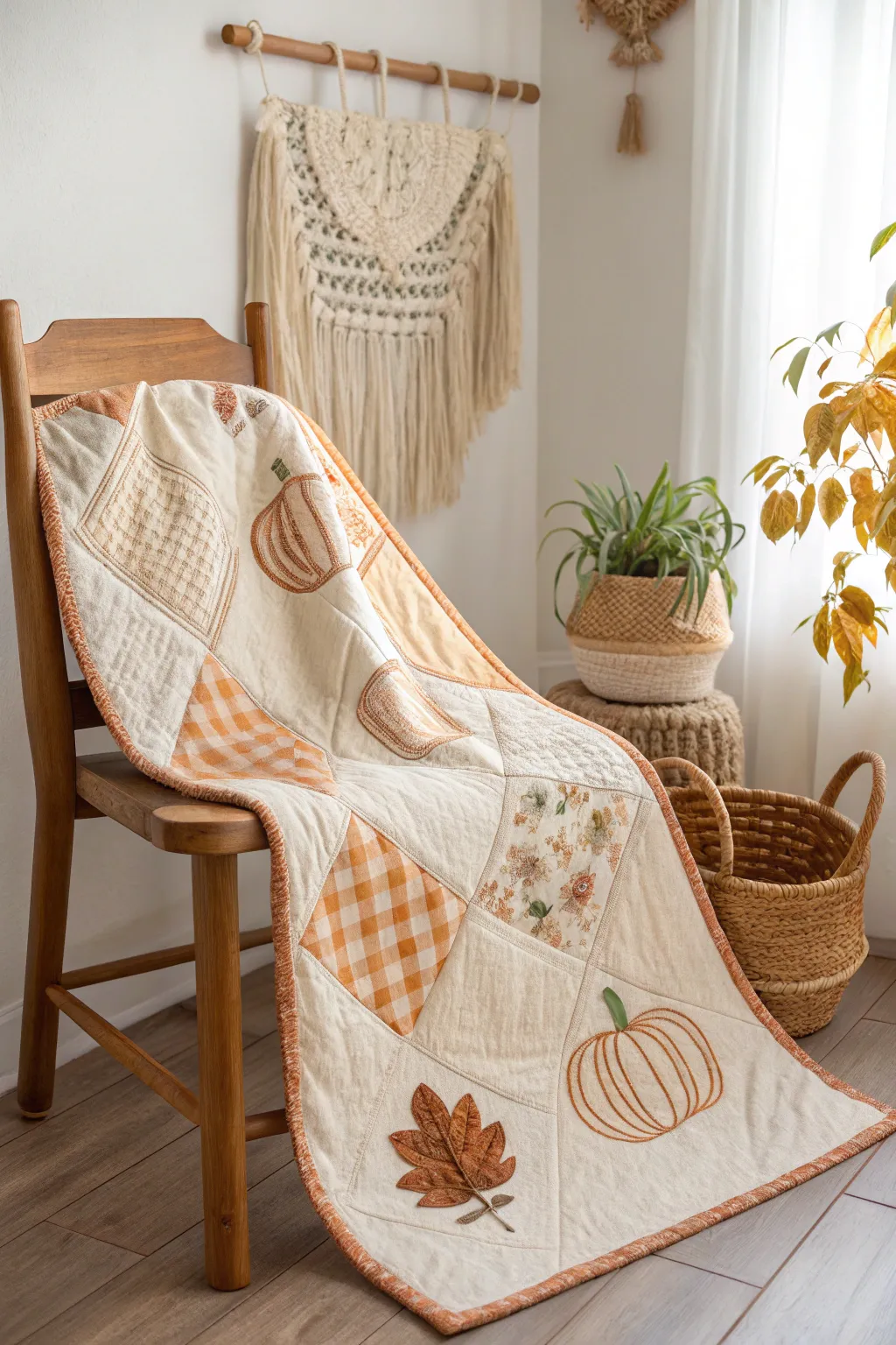 Embrace autumn with a touch of whimsy through a gingham pumpkin quilt, blending minimalist elegance with boho charm.