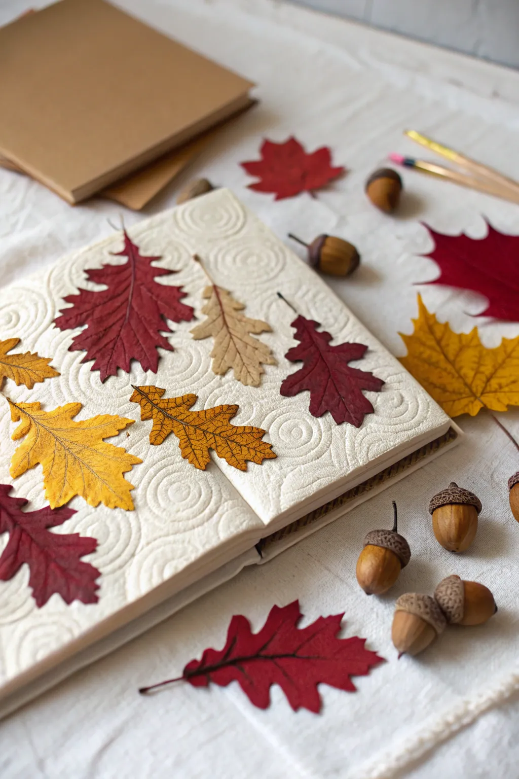 Capture the essence of autumn with minimalist leaves and acorns embellishments for your scrapbook.