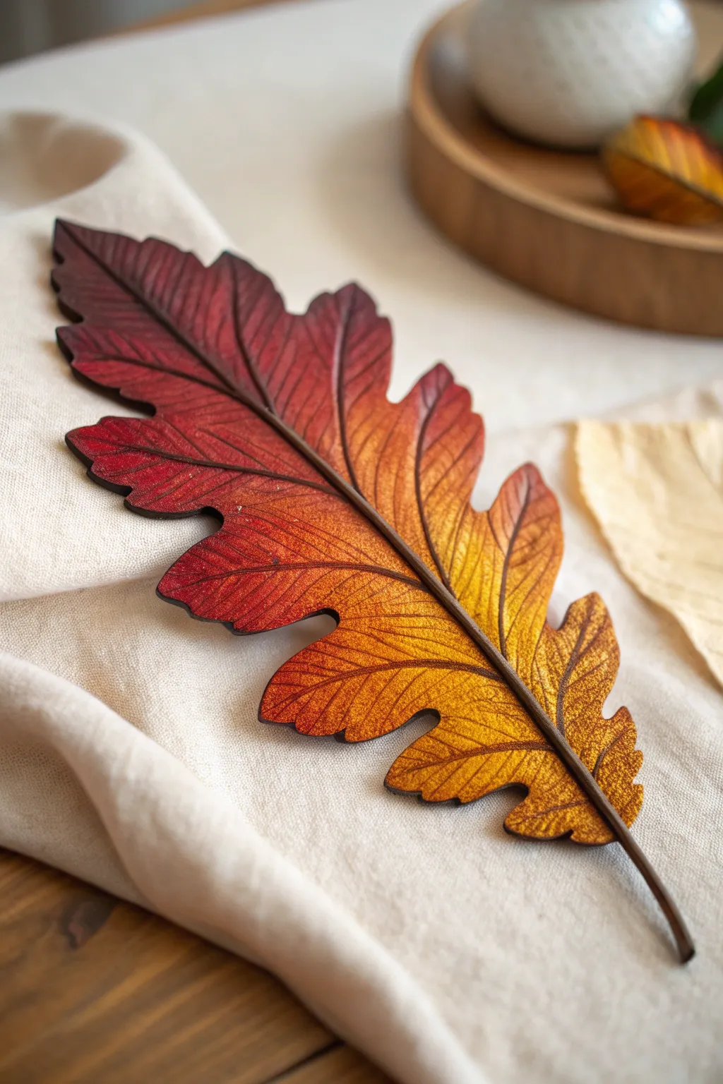 Embrace the beauty of autumn with handcrafted wooden leaf art.