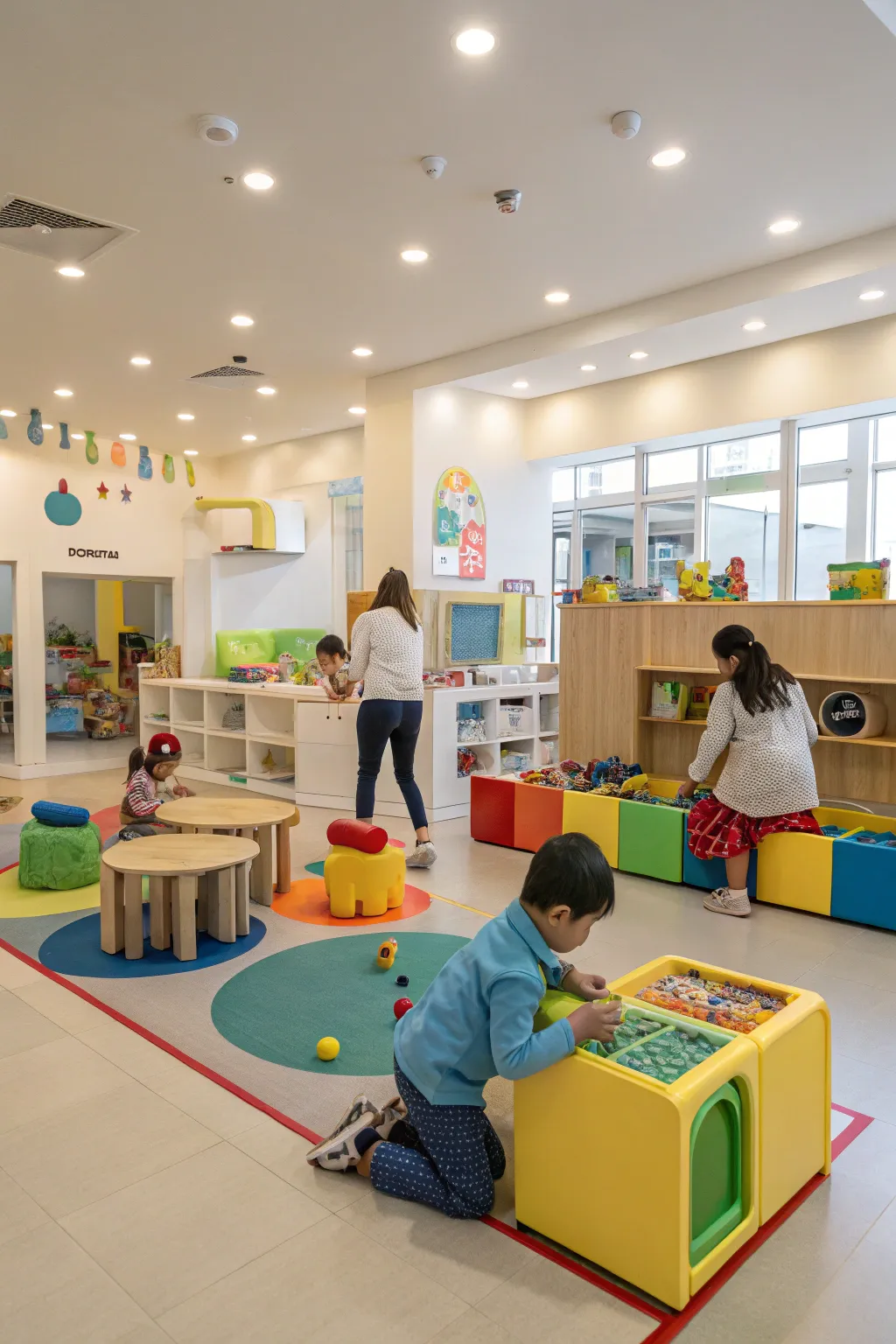 Interactive play zones in the playroom for group activities.