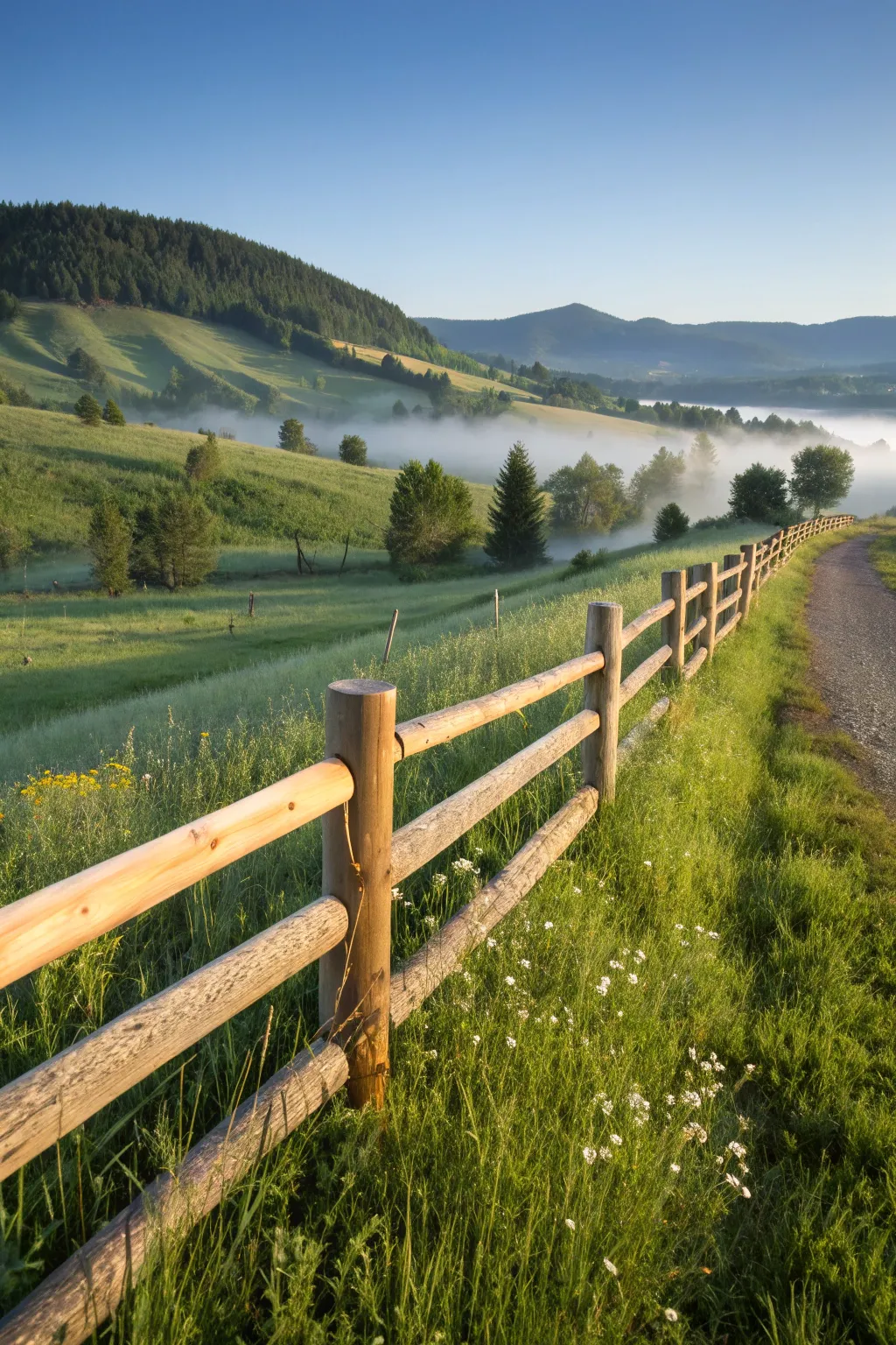 Embrace rustic charm with a round rail fence that beautifully complements the natural landscape.