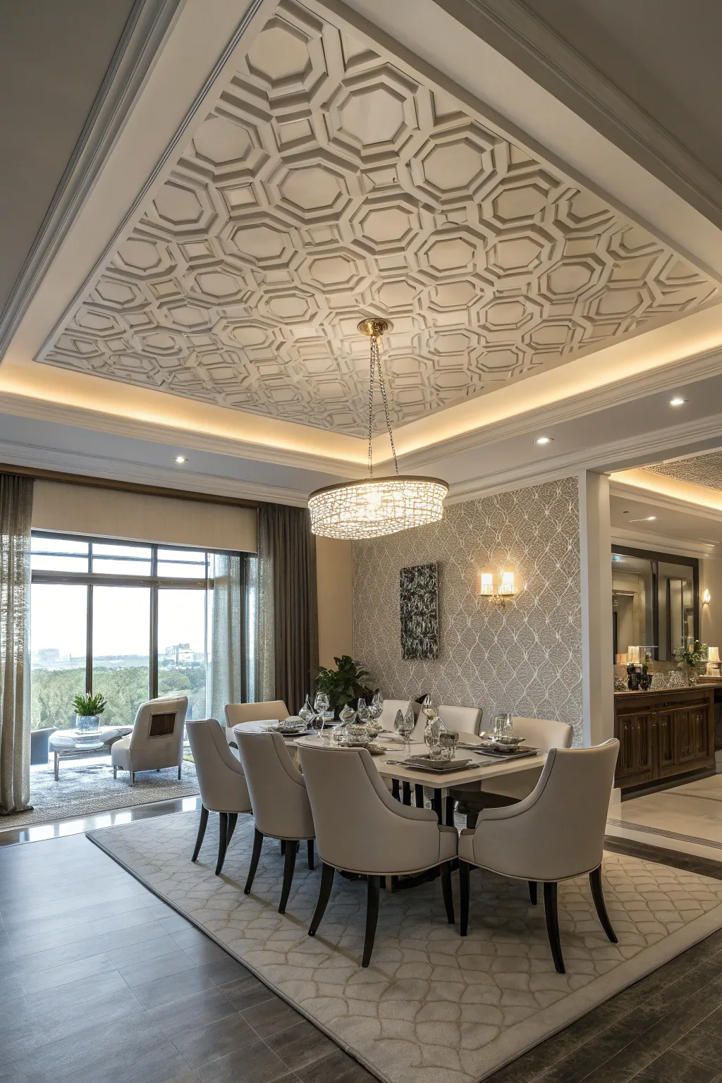 Geometric shapes add a modern flair to your faux tray ceiling.