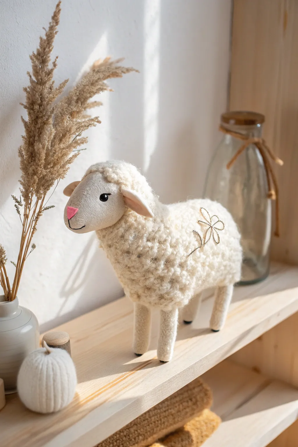 Bring a touch of whimsical elegance to your space with this charming felt sheep, a perfect blend of Scandinavian simplicity and Boho charm.