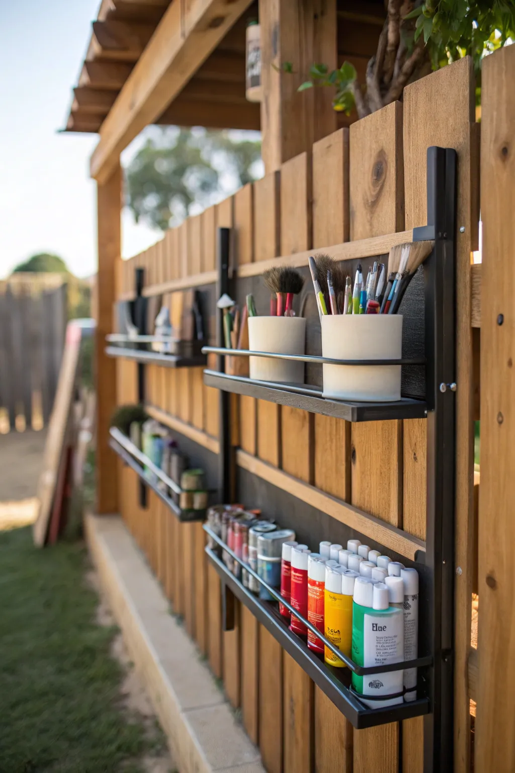 Transform your fence into a creative haven with stylish shelves for all your crafting needs.