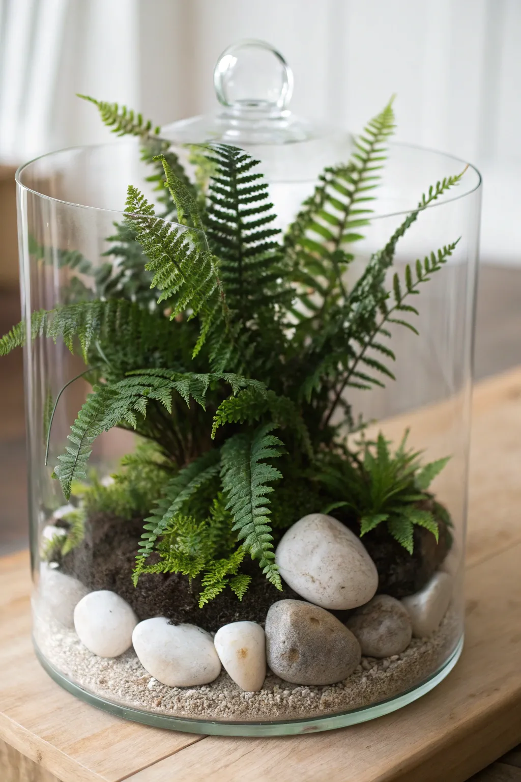 Embrace the beauty of contrast with this stunning fern terrarium, where deep greens meet bright stones in perfect harmony.