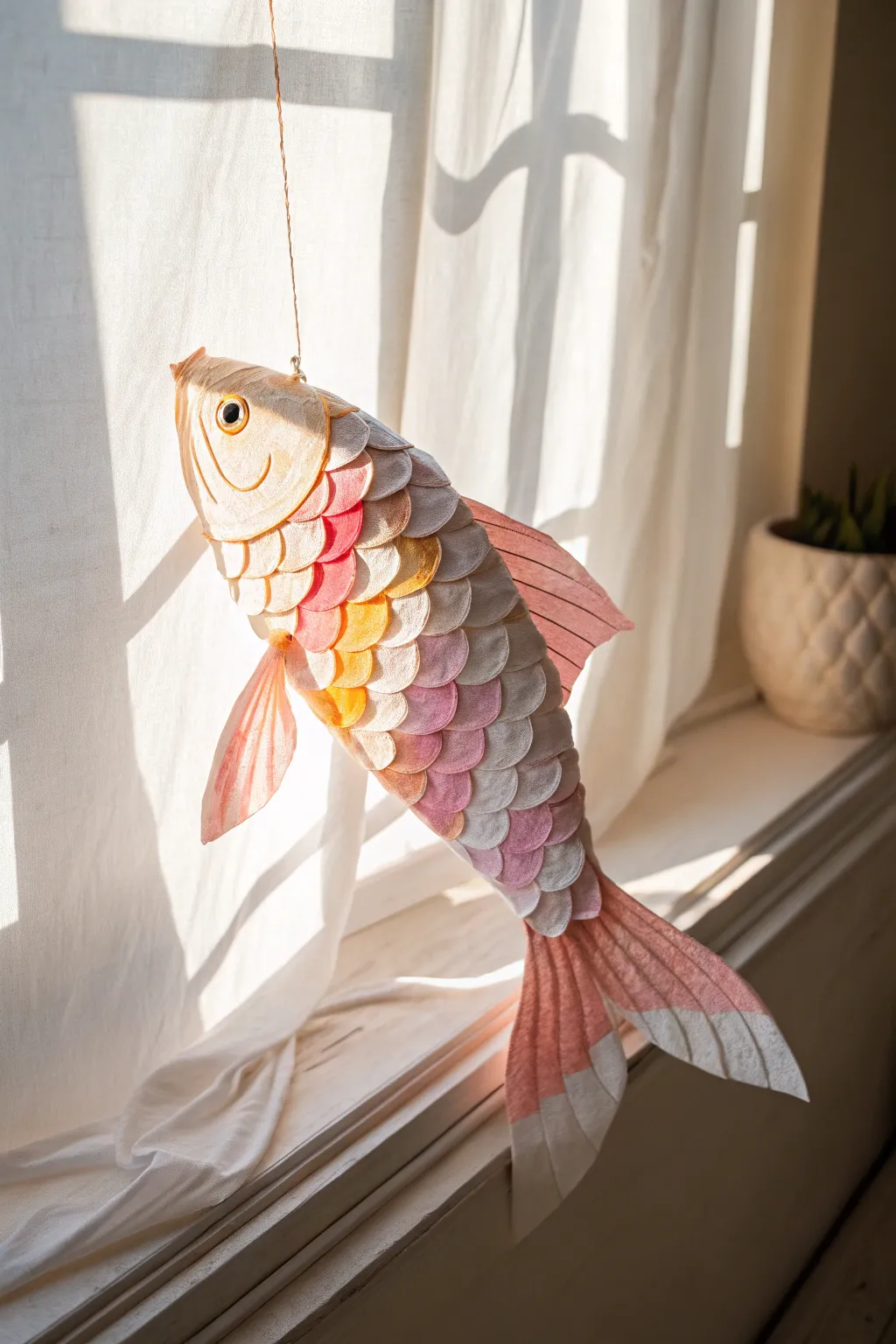 Dive into a world of color and light with this stunning tissue paper fish art.